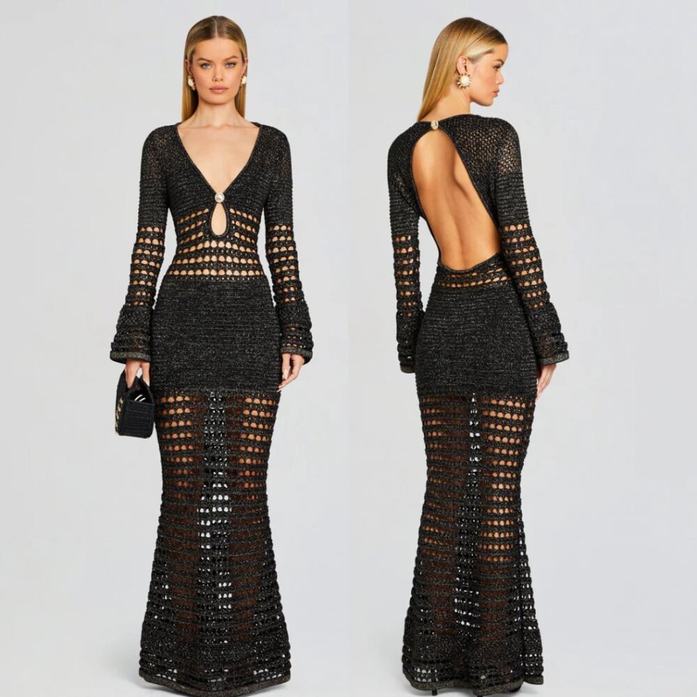 NWT Retrofête Elvana Knit Crochet Maxi Dress In Black Sz Small Open Back V-Neck